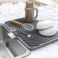 Kitchen Drying Mat for sink with a bulged edge,10"14"18"20"Silicone Dish Drying Mat with built-in Drain Spout, Rubber Dish Mat for Kitchen (18"×12"gray)