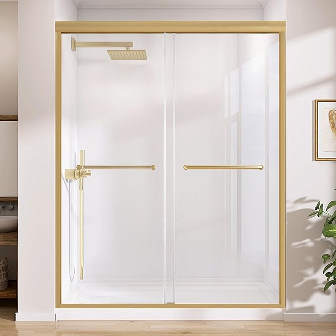 GETPRO Shower Door 56-60 in. W x 75 in. H Semi-Frameless Double Sliding Glass Shower Doors Bypass Glass Door for Walk-in Shower with 5/16 inch Tempered Glass Brushed Gold Hardwares
