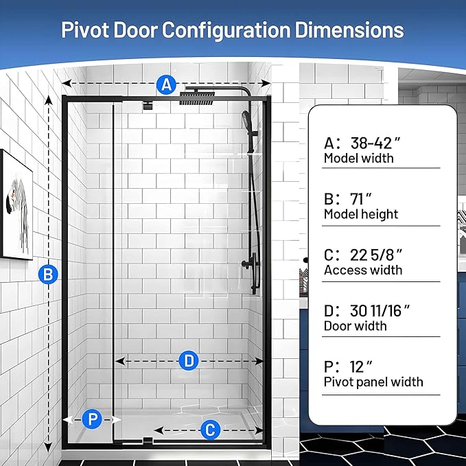 Pivot Glass Shower Door, 38-42" W x 71" H, 1/4"(6mm) Clear SGCC Tempered Glass, Matte Black Finish, Magnetic Closure, Reversible Installation