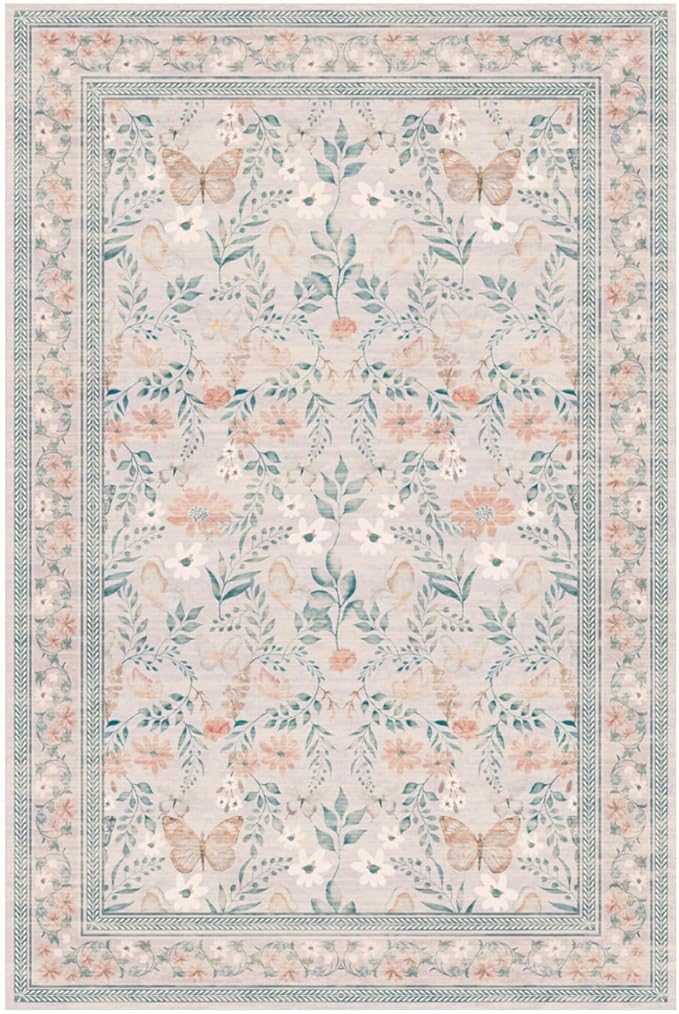 8x10 Pink Rugs for Bedroom Girls, Floral Washable Rug,Boho Area Rug, Large Non Slip Low Pile Flower Carpet for Indoor Dining Room,Girls Room,Nursery Room and Kids Room(Pink 8x10ft)