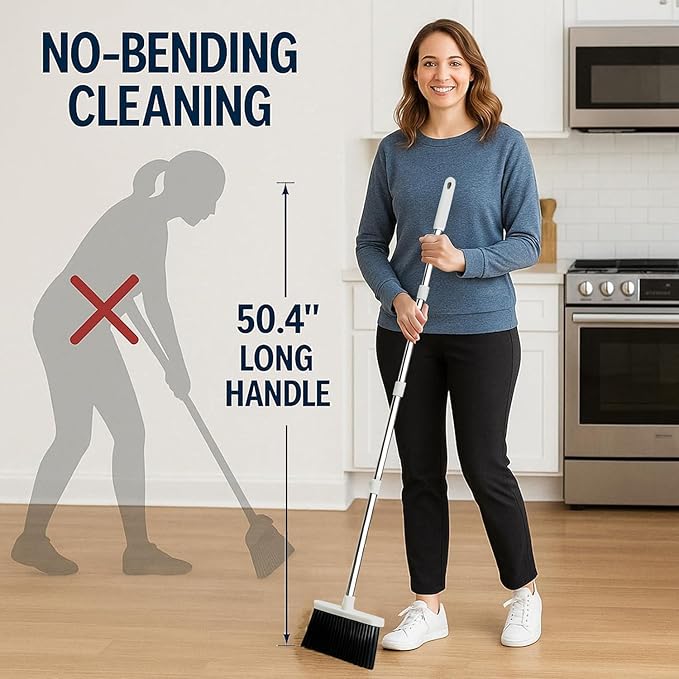 Broom and Dustpan Set,Standing Dustpan Broom Set,Broom with Dustpan,Broom and Dustpan,Broom Dustpan Set with Rubber Lip Dustpan, Indoor Broom Cleaning Set for Home Kitchen Room Floor Sweeping