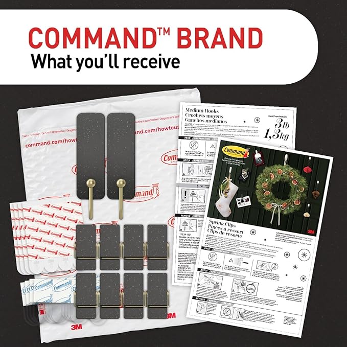 Command Mixed Hooks Pack, 10 Soot, 12 Strips (2 Medium Hooks, 8 Spring Clips), for Hanging Christmas Decorations