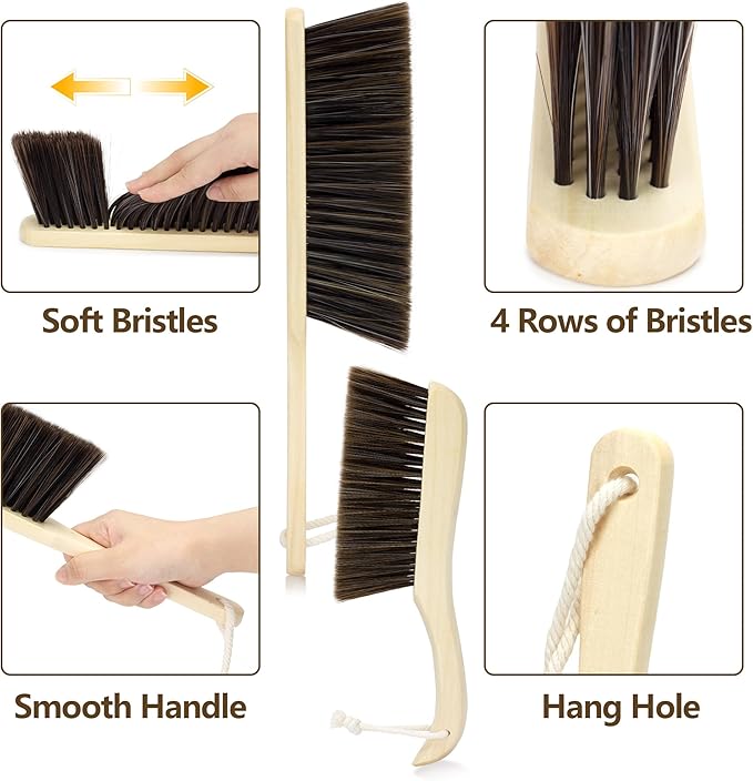 Soft Bristle Dusting Brush – Hand Broom for Gentle Cleaning on Keyboard, Furniture, Car Upholstery, Couch & Fireplace | Also Ideal for Woodworking Shop & Home Use, 2 Pack, Brown