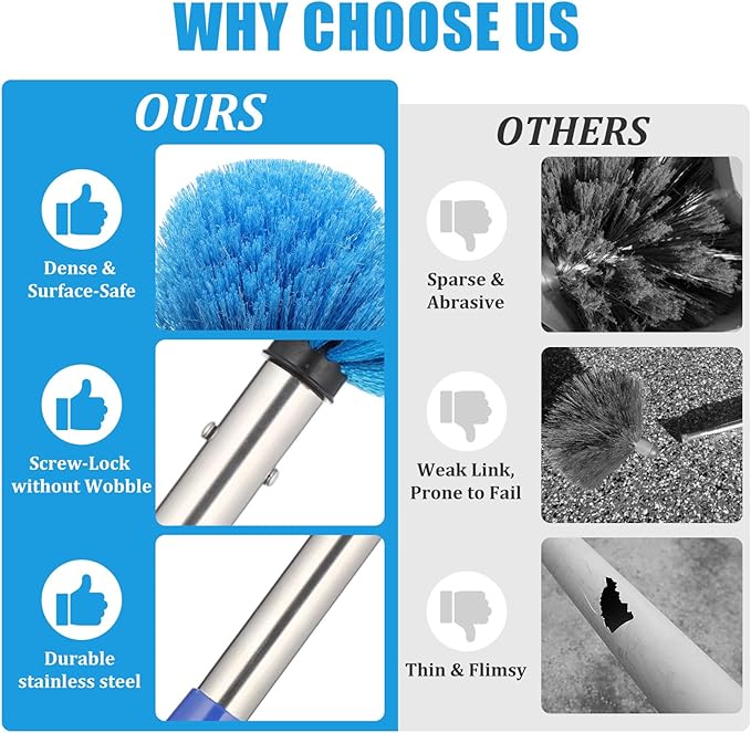 Duster, Cobweb Duster with Extension Pole, Medium Stiff Bristles Cobweb Duster Head & 6-Feet Stainless Steel Pole Ceiling Fan Duster for Outdoor Indoor Cleaning