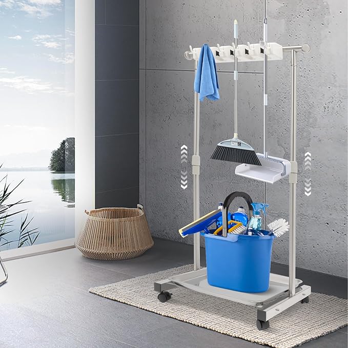 Wet Mops Rack Movable Broom Holder, Movable Closet Storage Cabinet Mop Rack with 5 Slots 6-Hook, Floor Standing Cleaning Tool Racks for Garden Garage Schools Hotels Hospitals Property Companies