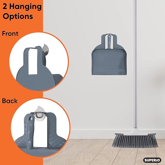 Superio Heavy Duty Plastic Step-on Dustpan with Comfort Grip Handle Grey, Durable, Lightweight Multi Surface Dust Pan Easy Broom Sweeping, 10-inch Wide, 2-Pack