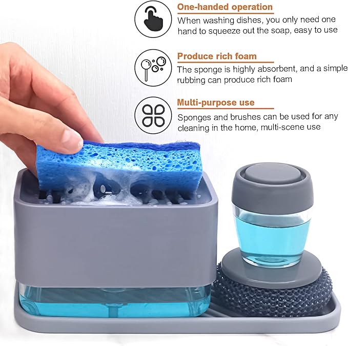 Dish Soap Dispenser with Sponge Holder -Dishwashing Soap Pump Dispenser for Kitchen Sink, 4-in-1 Countertop Soap Pump Dispenser wiht Brush Head, Silicone Sink Tray, Cleaning Sponges