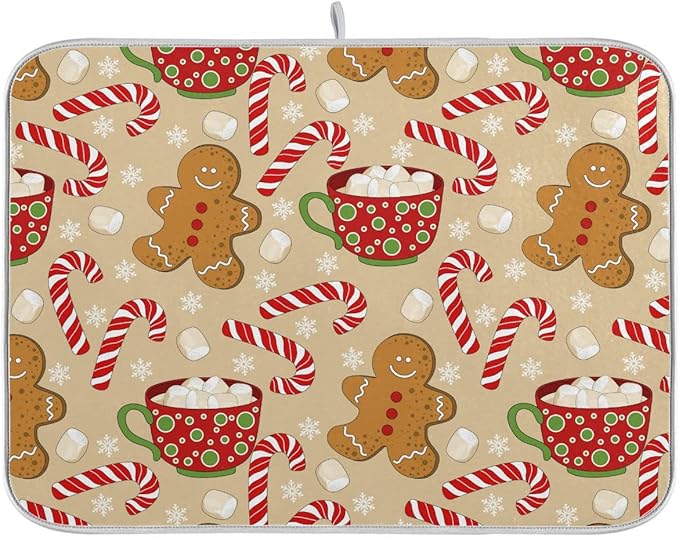 Christmas Gingerbread Man Candy Cane Dish Drying Mat for Kitchen Winter Snow Snowflake Snowman Xmas Microfiber Drying Mats Absorbent Reversible Dish Pad Large Dish Draining Mat 18x24 inch
