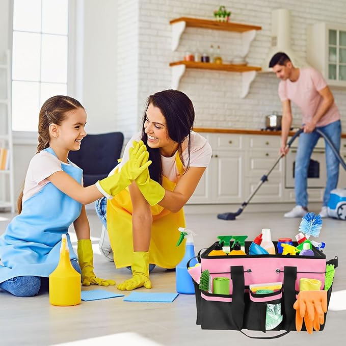 Wearable Cleaning Caddy Organizer with Handle & Shoulder Straps for Cleaners, 5 Compartments, Housekeeping Tote for Kitchen & Bathroom, Car Tool Caddy Organizer Bag (pink)