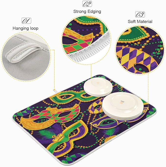 Mardi Gras Dish Drying Mat for Kitchen Mask Beads Confetti Masquerade Party Microfiber Drying Mats Absorbent Reversible Dish Pad Large Dish Draining Mat 18x24 inch