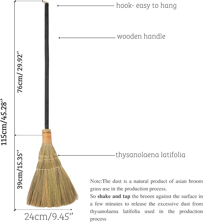Vietnamese Straw Soft Black Broom for Cleaning with Long Handle Broom- Broom Decorative 9.45'' Width, 45.28" Length