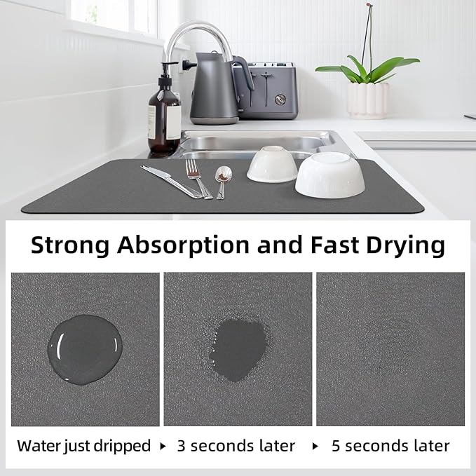 LOPNUR Kitchen Dish Drying Mat, 31.5"x17" Extra Large Dish Drying Mats for Kitchen Counter, Super Absorbent Dish Drying Pad, Diatomite Coffee Mat Heat Resistant Mat with Anti-slip Rubber Backed, Grey