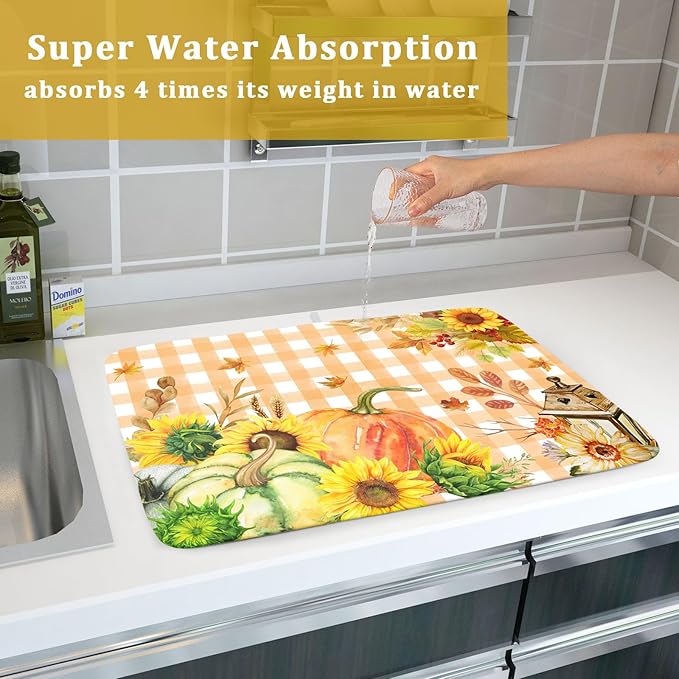 Autumn Maple Leaf Orange White Check Plaids Dish Drying Mat for Kitchen Counter,Fall Sunflower Pumpkin Drying Mat 18 x 24 Inch with Absorbent Reversible Microfiber Dish Drying Pad for Coffee Bar