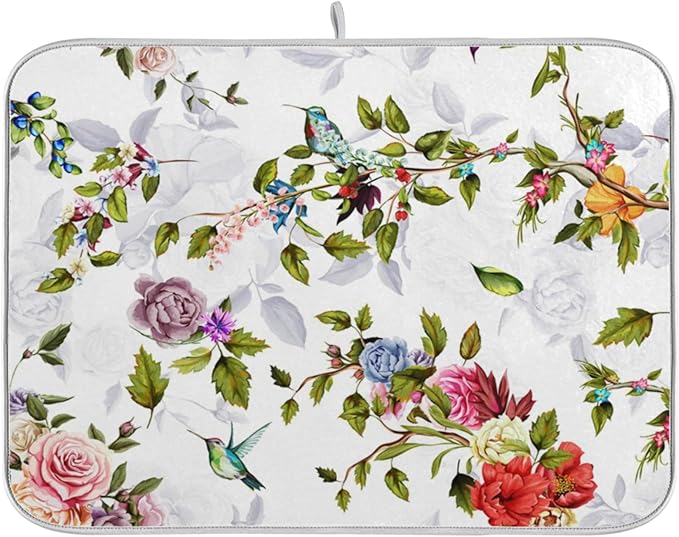 Tarity Rose Peony Poppy Hummingbirds Dish Drying Mat for Kitchen Counter Absorbent Heat Resistant Microfiber Dishes Drainer Mat 18x24 in Large Dish Pad Sink Mat Protective Pad Kitchen Decor