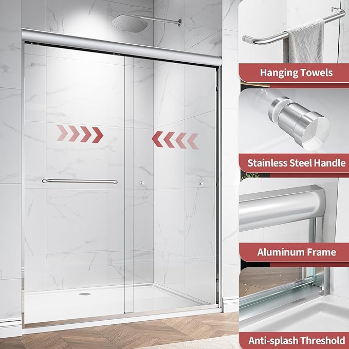 44-48" W x 72" H Semi-Frameless Double Sliding Glass Shower Door, 1/4" (6mm) Clear Tempered Glass, Bypass Sliding Shower Door for Bathroom, Easy to Clean (Chrome, 48" W x 72" H)