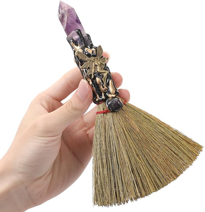 Crystal Witch Altar Broom - Witchcraft Supplies with Amethyst Wiccan Stuff Broomstick with Natural Healing Crystals Hexagonal Points Pagan Fengshui Reiki Energy Clearing Gift