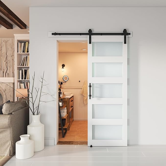 30'' x 80'' Glass Barn Door and 5 Ft Hardware Kit Included, MDF White Barn Door Slab with Frosted Glass, PVC Surface, Combined with Handle and Floor Guide-Assembly Required, White