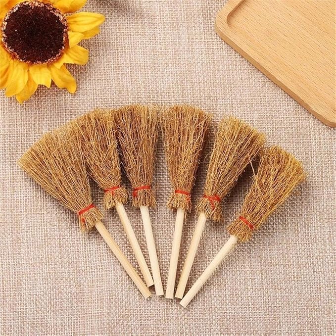 5Pcs Mini Witch Brooms for Dollhouse, Handmade 1:12 Scale Broomstick Set, Fairy Cottage Display and Cosplay Props