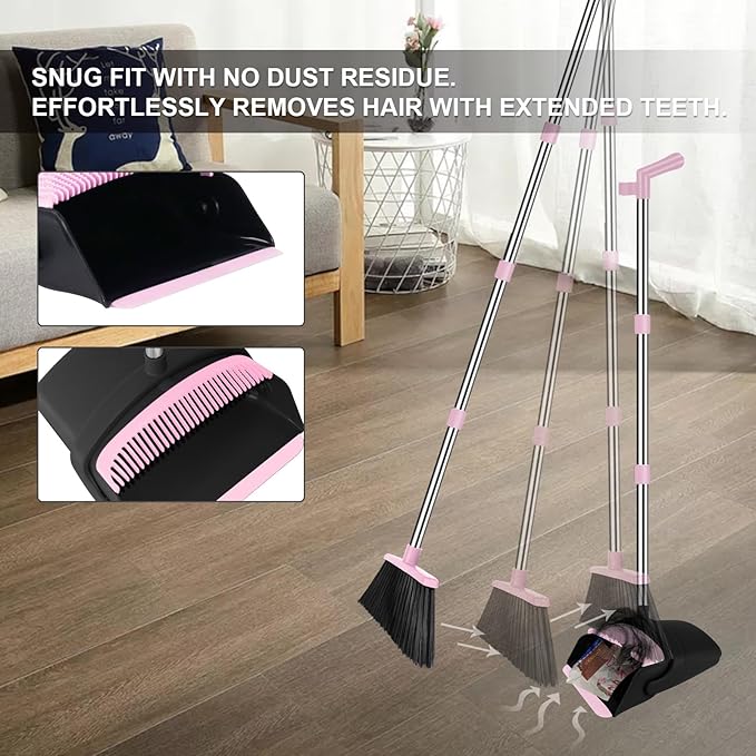 Pink Broom with Dustpan Combo Set, 51" Long Handle Household Kit for Home for Pet Hair