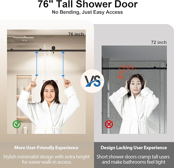 49-54 ”W x 76" H Single Sliding Shower Door, Frameless Shower Door with Explosion-Proof Film and Nano Coating, 1/4” (6MM) SGCC Tempered Glass, Stainless Steel Hardware, Matte Black