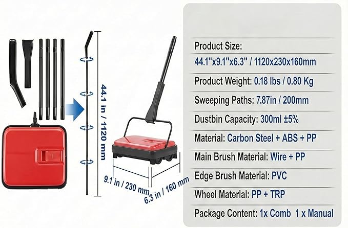 Manual Carpet Sweeper, Electric-Free Quiet Floor Sweeper with 300ml Easy-Empty Dustbin, 6.7” Cleaning Width for Pet Hair, Crumbs, Dust on Carpets, Hardwood, Tile - Home & Office Use (Red)