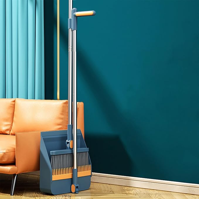 Broom and Dustpan Set, Long Adjustable Handle Indoor Sweeping Brooms, 180° Rotating Broom with Standing Storage and Scraping Teeth Dustpan to Clean Hair for Home Kitchen