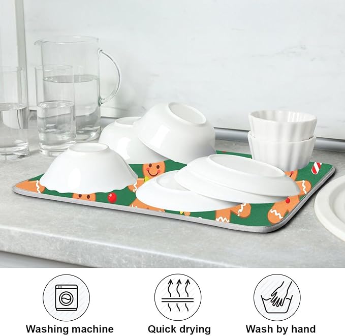 Christmas Gingerbread Man Dish Drying Mat for Kitchen Countertop 16x18 Winter Snowflake Candy Cane Green Small Drying Mat Reusable Quick Dry Dish Sink Mats Easy Clean Decorative Essentials