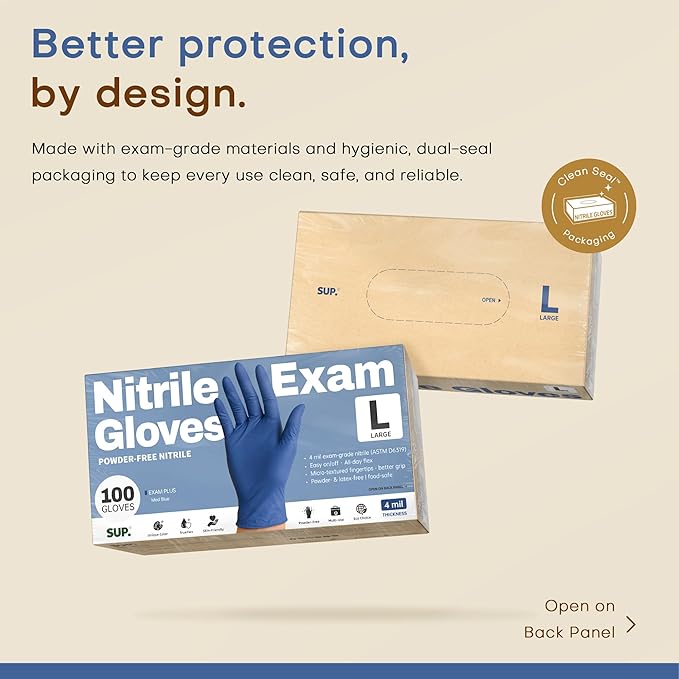 SUP Powder-Free Nitrile Exam Gloves, 100 Count Food Safe Latex-Free Medical Non-Sterile Cooking Disposable Glove, Blue