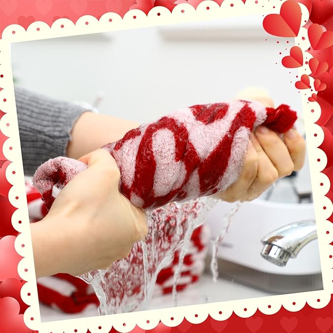 Frienda 4 Pcs Valentine's Day Hand Towels for Bathroom 13 x 29'' Soft 100% Cotton Red and White Hearts Decorative Towel Absorbent Valentine‘s Day Bathroom Decor for Drying Cleaning Cooking Gift