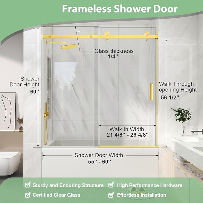 KPUY Frameless Sliding Bathtub Door, 55-60" W x 60" H Tub Shower Door, 1/4" (6mm) Thick Tempered Clear Glass with Explosion-Proof Film Nano Coating, Brushed Gold