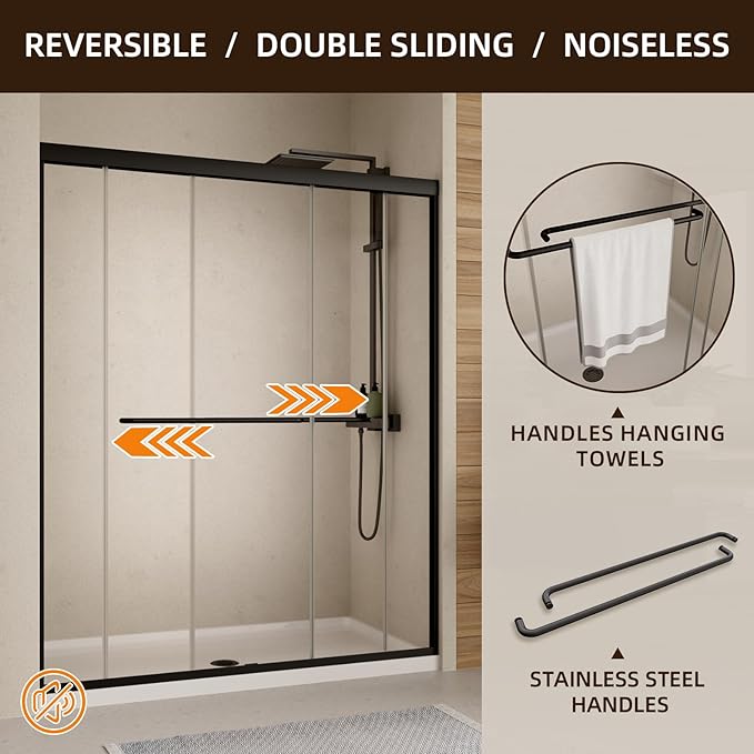 Royal Guard Double Sliding Shower Door,56-60" W x 70" H Semi-Frameless Sliding Glass Shower Door with 1/4'' (6mm) Clear SGCC Tempered Glass,Bypass Shower Enclosure,Matte Black