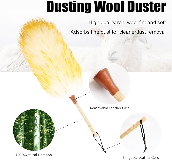 Wool Duster 20 inch Soft Natural Feather Dusters with Bamboo Handle Cleaning Supplies for Home Office Phoframe