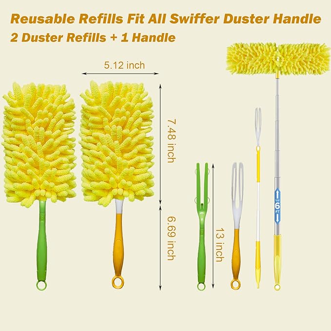 Reusable Duster for Swiffer, 2 Refills +1 Handle, 360 Heavy Duty Duster Refill Compatible with Swiffer Hand Dusters, for Dusting Furniture, Blinds, Ceiling Fans, Walls and More, Yellow