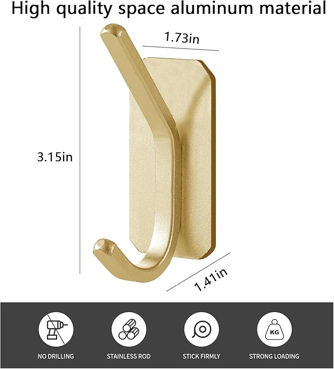 Paoli Heavy-Duty Adhesive Coat Hooks, Self-Adhesive Hooks, Multiple Colors and Styles, Maximum Load Capacity 25 lbs(4, Gold)