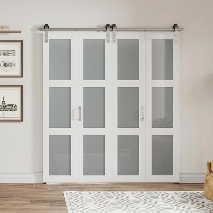Bifold Closet Doors, 60" x 84", 3 Lites Frosted Glass Bifold Door with Brushed Nickel Sliding Hardware Kit Set, Pre-drilled Bi fold Barn Door Slab, 2X 2.83FT Track for 4 Doors