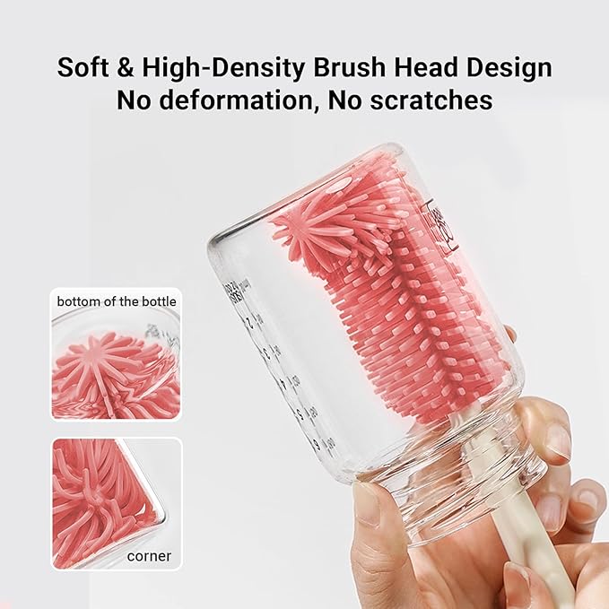 Baby Bottle Brush, 10 in 1 Travel Baby Bottle Cleaner Brush Set with Silicone Brush, Nipple Brush, Straw Brush, Soap Dispenser, Portable Drying Rack, Breast Pump & Bottle Cleaning Kit - Coral Pink