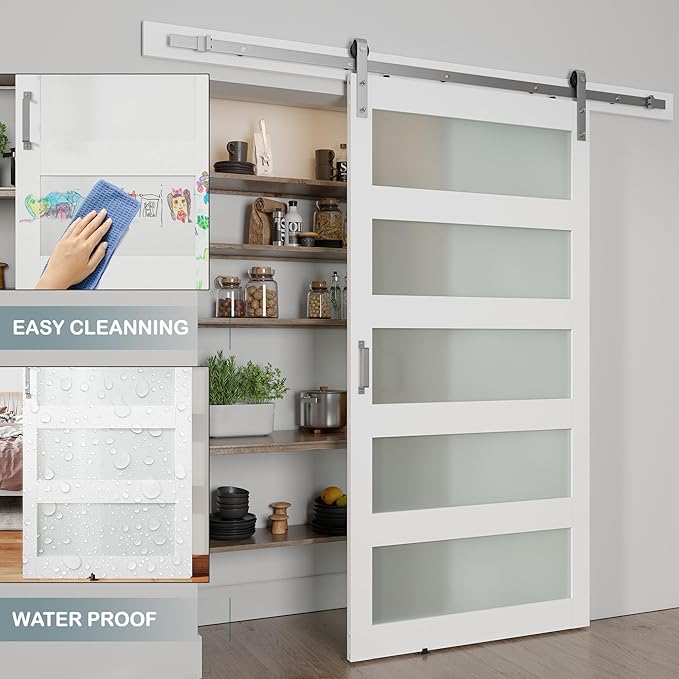 42'' x 84'' Glass Barn Door and 7 Ft Brushed Nickel Hardware Kit Included, MDF White Barn Door Slab with Frosted Glass, PVC Surface, Combined with Handle and Floor Guide-Assembly Required