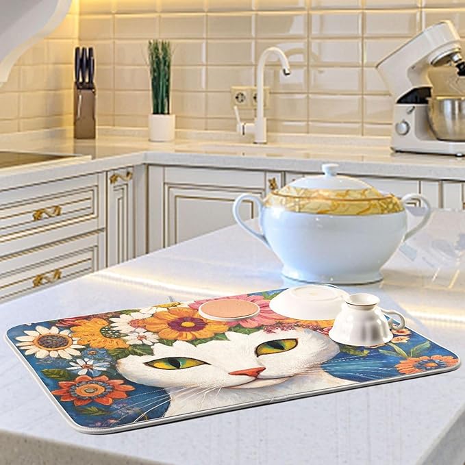 White Cat Colorful Flowers Pattern Dish Drying Mat for Kitchen Counter Super Absorbent Drying Mat 16x18 inch Large Dish Drying Matts for Countertop Protector Dishes Pad