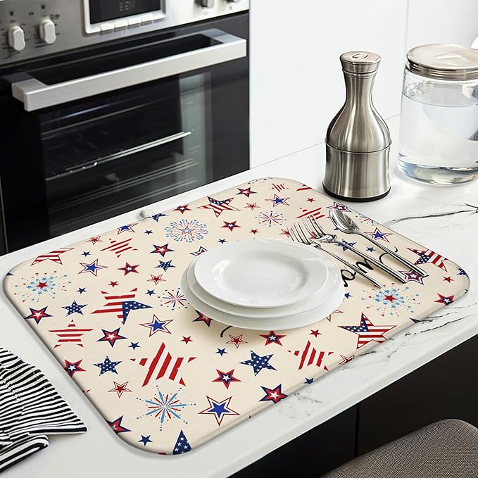 4th of July Dish Drying Mat for Kitchen Counter,Independence Day Stars Memorial Fallen Soldiers Microfiber Drying Mat, Washable Absorbent Patriot Kitchen Countertop Dish Mat Draining Mat 18×24Inch