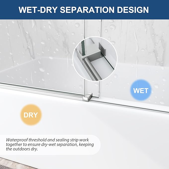 Frameless Tub Sliding Door,5/16" (8mm) Bathtub Shower Door with Soft-Close & Anti-Leak,Nano Coating Anti-Explosion Film SGCC Tempered Glass 55"-60" W x 60" H,Brushed Nickel