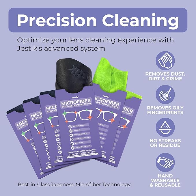 Jestik Microfiber Cleaning Cloth - Japanese Lens Wipes for Eyeglasses, Camera Lenses, Screens & More - Versatile Glasses Cleaner Cloths, Lint-Free, Washable (Black/Green - Pack of 6)