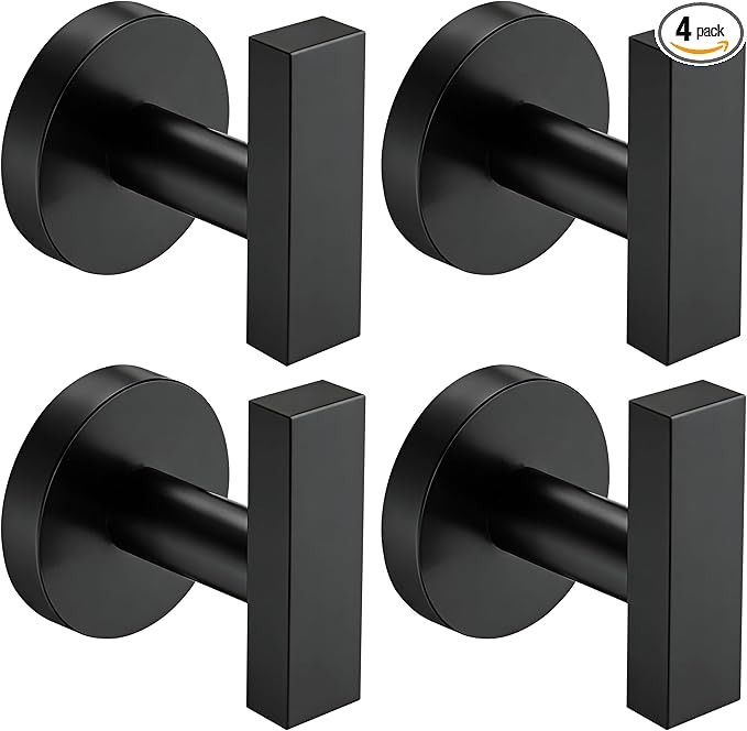 Nolimas Towel Hooks for Bathrooms, Matte Black Towel Hook for Kitchen Bathroom, SUS304 Stainless Steel Coat Hook, Heavy Duty Holder Robe Hooks for Hanging Towels, Coats, sponges, Wall Mount, 4 Pack