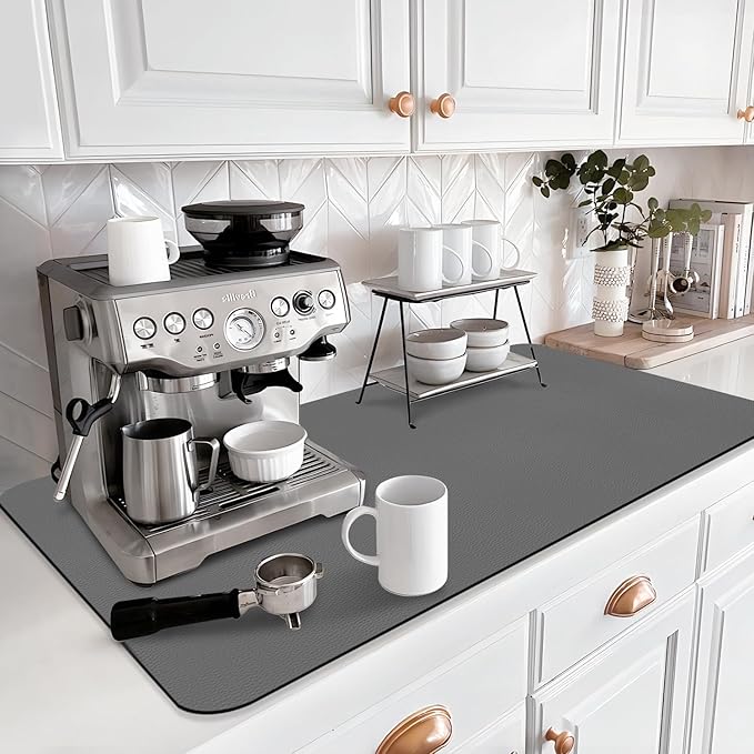 LOPNUR Kitchen Dish Drying Mat, 31.5"x17" Extra Large Dish Drying Mats for Kitchen Counter, Super Absorbent Dish Drying Pad, Diatomite Coffee Mat Heat Resistant Mat with Anti-slip Rubber Backed, Grey