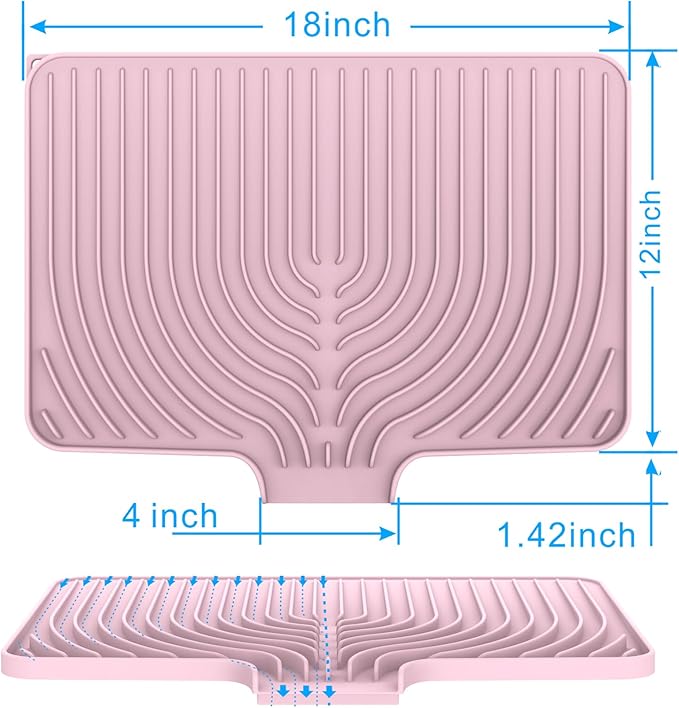 Dish Drying Matt for Kitchen Counter,10"14"18"20"Silicone Dry Rack Mat with Built in Drain, Kitchen Dry Mats for Dishes Drying Pad for Counter(18"×12"Pink)