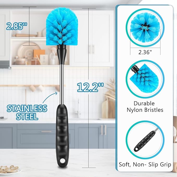 12.2 inch Bottle Brush Set of Three，Washable Coffee Cups, Water Bottles, Baby Bottles, Straws, to-go Cups, Long-Handled 3-in-1 Stainless Steel Bottle Brushes.