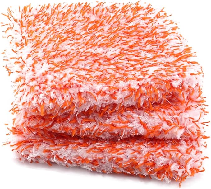 Microfiber Wash Pad, SPTA 3Pcs Ultra Wheel Pad Perfect for Wheels, Grills, and Tight Areas; Proprietary Microfiber Blend; Easily Releases Contaminates Upon Rinsing, 8.5in x 9.8in, Black/Orange-MT023B3