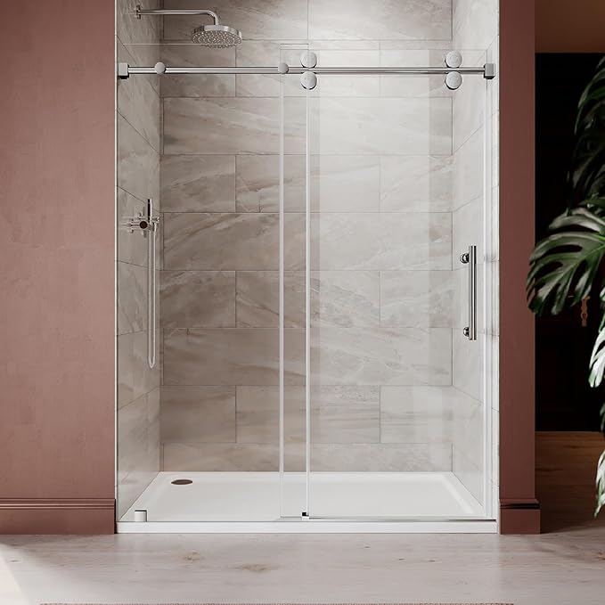 66-72 Inch x 80 Inch Sliding Frameless Shower Door, 3/8" Tempered Glass with Easy-Cleaning Coating, Stainless Steel Rollers & SGCC-Certified Stability, Bright Chrome