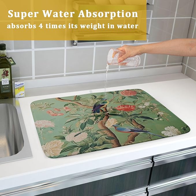 Khope Green Chinoiserie Dish Drying Mat for Kitchen Counter 18x24 Inch Spring Vintage Bird Flower Reusable Washable Farmhouse Flower Drying Pad Countertop Home Decor