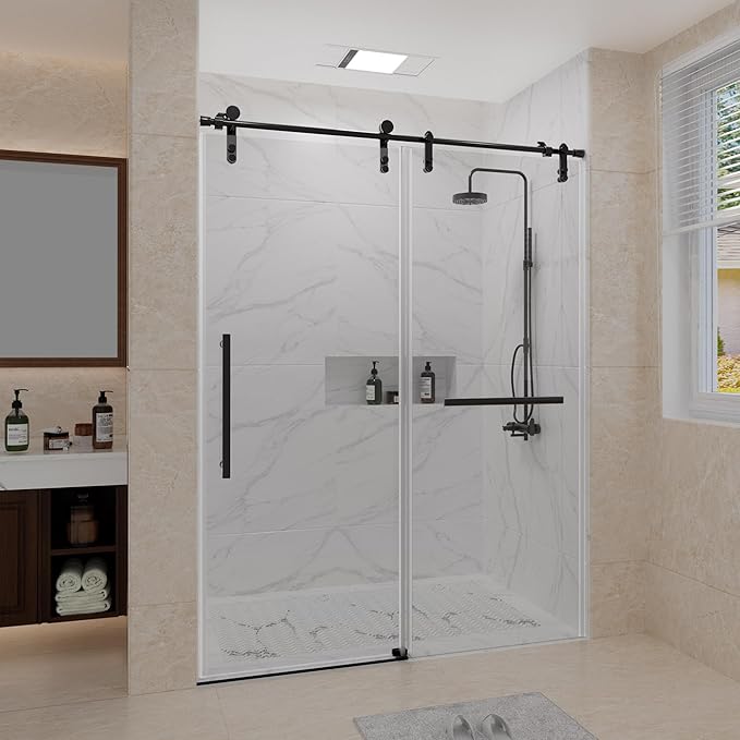 56-60" W x 76" H Frameless Shower Door,Sliding Shower Door with 5/16"(8mm) Clear SGCC Tempered Glass,Glass Shower Door w/Seal Strip Parts and Handle,Stainless Steel Hardware,Black