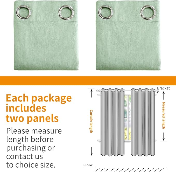 YoungsTex Light Green Linen 100% Blackout Curtains 63 Inch Length for Bedroom/Living Room - Grommet Thermal Insulated Drapes Full Room Darkening with White Liner, 2 Panels, 42 X 63 Inch
